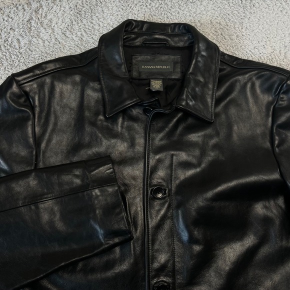 Banana Republic L Black Genuine Leather Driving Coat Minimalist Casual Jacket - Picture 6 of 9